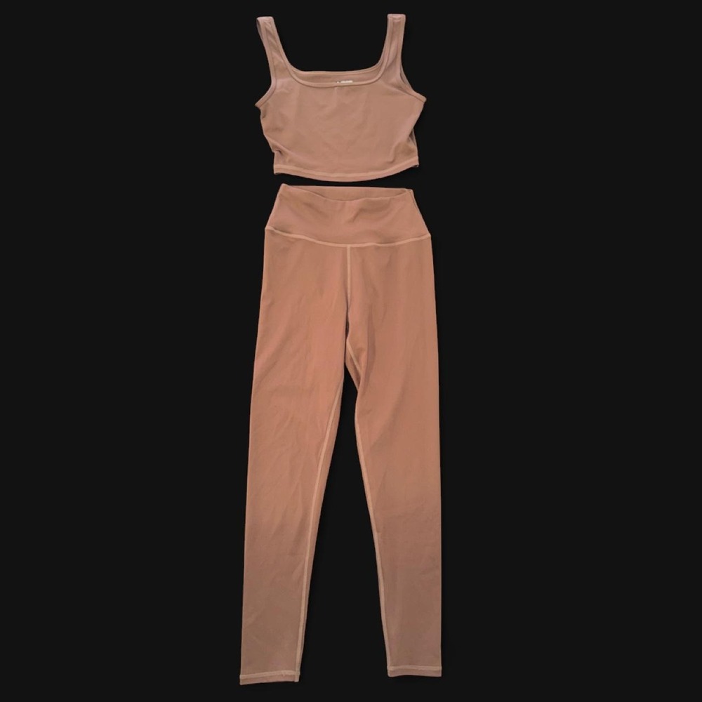 Women's Brown Two Piece Workout Set Small Crop Tank High Waist Leggings